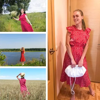 2021 New Summer Dot Print Dress Women Casual Butterfly Sleeve Ruffles Medium Long Шифоновое Рокля