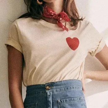 Червени Сърца Печат Дамски памучни Тениски 2021 Лятото на Нов Къс Ръкав Чай Прости дамски Блузи