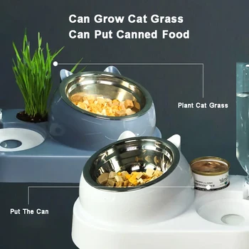 Котка Купата На Пиенето 16 Градуса Наклонен Защитна Врата От Неръждаема Стомана Пет Устройство Cat Food Dispenser Cat Waterer Dogs Water Bowl