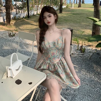 Vintage Strap Kawaii Dress Elegant Women Секси Sweet Dress Female French High Street, Casual Party Mini Korean Summer Dress 2021