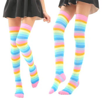 Цвят На Дъгата Шарени Чорапи Сладки Момичета Училище, Парти Мода Дамски Дълги Чорапи Топли Ежедневни Бедрата Високи Над Коляното Чорапи