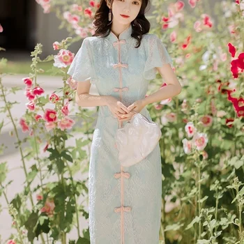 Рокля Dress Modern 2021 Chinese Leaf-Short side-sleeved Retro Qipao Dress Рокля Oriental Party Dresses Summer for Women