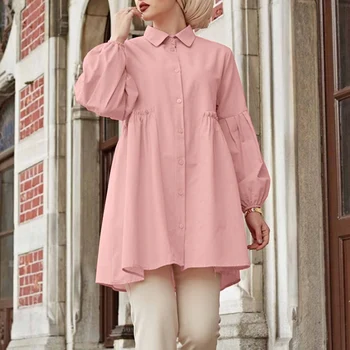 Лятна модна блуза ZANZEA Women Casual Дълъг Ръкав Потник Твърди Провиснал Мюсюлмански блузи и Елегантни Ризи на Женската риза Туника Blusas