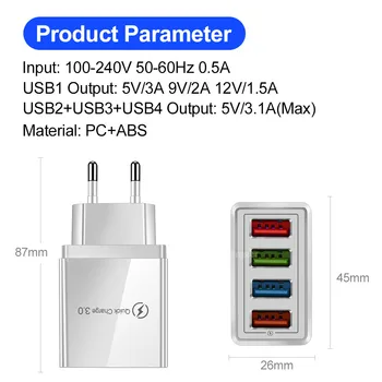 4 USB Зарядно Устройство Quick Charge 3.0 4.0 Port Fast Charging Wall Adapter За iPhone 12 11 X Xiaomi Samsung Mobile Phone Charger QC 3.0