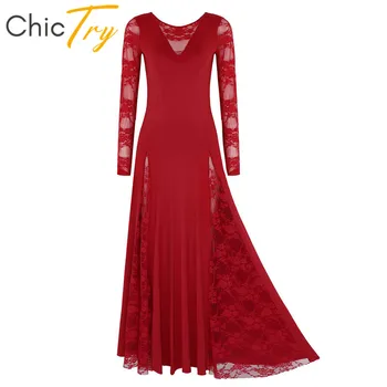 ChicTry Women Long Sleeve Дантела Splice Prom Rave Страна Бална Зала Dress Standard Waltz Modern Competition Flamenco Dance Dresses