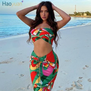 HAOYUAN Beach Two Piece Set Секси Club Birthday Outfits for Women 2021 Vacation Summer Clothes Crop Top Skirt Костюми Matching Sets
