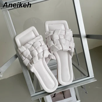 Aneikeh Women 2021 Summer Beach Mules Square Heel Slippers Basic Fashion Shallow Ladies Wovened fabric ПУ Outside Sandals Low Heel