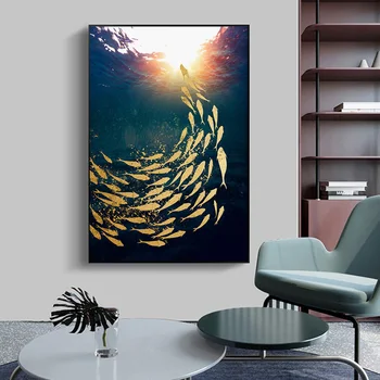 Модерна, Абстрактна Златната Рибка Плакат и Печат Nordic Blue Ocean Landscape Wall Art Платно Живопис Picture for Aisle Home Decor