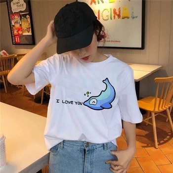 Сладко Cartoon whales print ladies t-shirt casual смешни t-shirt summer ladies short-sleeved Harajuku graphic t-shirt