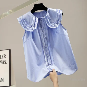 Голям ревера Кукла Яка на Риза Без Ръкави Жената Лято е Нов Елегантен Всекидневен Свободен Топ Мода Момичета, Дами, Всички-Мач Blusa Блуза