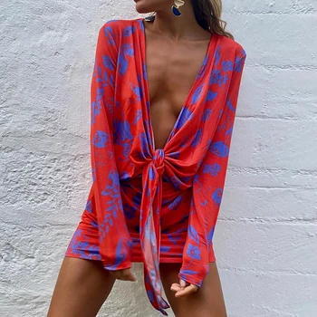 Colysmo Print Woman Dress Cut out Lace up Deep V Long Sleeve, Red Mini Dress Ladies Небрежно Секси Party Bodycon Vestidos Beach Robe