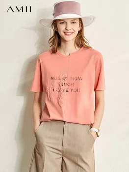 Amii Minimalism women 's Summer Tops Fashion Cotton Oneck Дантела Patchwork Губим Women' s Tshirt Causal Women ' s Тениска 12027443