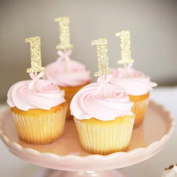 16шт Розово Злато 1 Един Гланц Хартия Торта Cupcake Топперы Първи 1-ва Момиче Момче Рожден Ден Украси Моят Година Юбилей