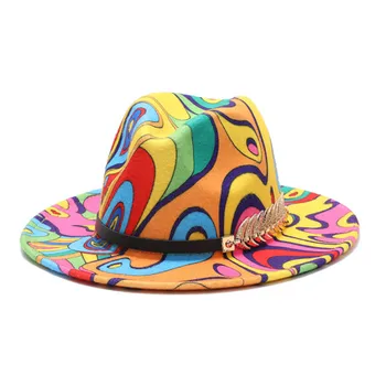 2021 Специален Стил широка периферия Фетровая Шапка Панама Вратовръзка Боядисана цветна вълна джаз шапка на мъже, жени фетровая шапка вълнена шапка Панама