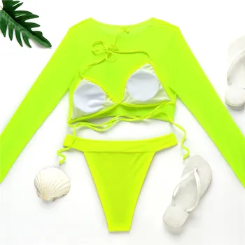 Секси Neon Yellow Bikini Set Swimwear Women Long Sleeve Mesh Crop Top Swimsuit Плажни Дрехи, Бански костюм с Висока Талия Бикини 2021