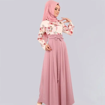 Donsignet Мюсюлманската рокля Цветен Принт Мюсюлманска Мода Розов Зелен Син Рамадан Малайски Абая Турция Дубай Дълга рокля