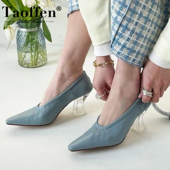 Taoffen Real Leather Women Pumps Секси Pointed-Toe High Heel Shoes Woman Spring Office Lady Party Home Ежедневни Обувки Size 3440