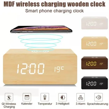Led Digital Alarm Clock Дървени Настолни Часовници С Дисплей За Дата Индукционно Зарядно Устройство Безжично Зарядно Устройство Ще Захранване На Панела За Iphone