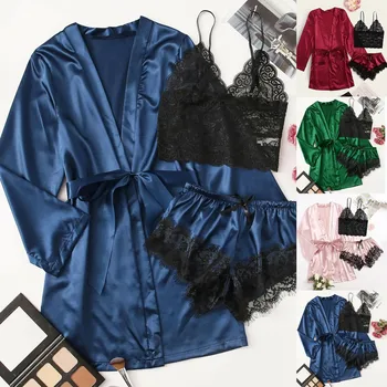 ISHOWTIENDA Satin Silk Pajamas Women Nightdress Lingerie Robes Underwear спално облекло Секси Robe sets дантелено бельо