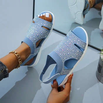 Дамски кристални сандали Дишащ Комфорт Пазаруване Дамски обувки за ходене Плоски Летни сандали на платформа Mujer Плюс-размер 43