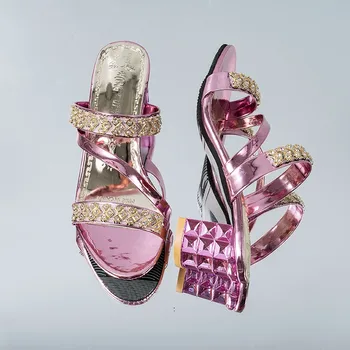 2020 Лятна дамски обувки Squre Петата Сандали Peep toe Дамски обувки Маркови сандали на висок ток Златни токчета 5,5 см Голям Размер
