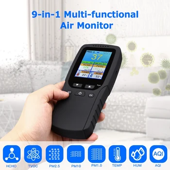 9 1 Монитор за качество на въздуха на Закрито Открит ФПЧ2.5, PM1.0, PM10, HCHO, Детектор Тестер Сензор за Температура и влажност на въздуха