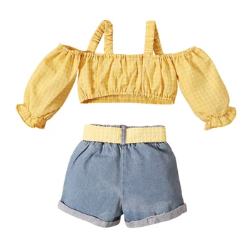 2021-03-22 Lioraitiin 2 бр. 1-5Y Toddler Girls Fashion Clothes Off-the-Shoulder Plaid Print T-Тениски Потници+Деним колан Шорти Панталони