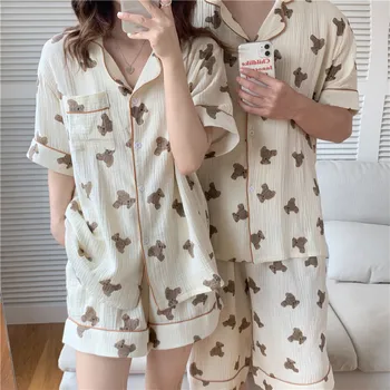 памук забавен мечка домашно облекло двойка пижами за жени пижами набор от лятото на 2 бр. набор от марля, памук дишаща пижама панталони Y879
