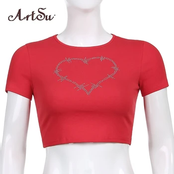 Artsu Crystal Heart Пот Сладко Crop Top Tshirt Summer Fashion Cotton T-Shirt Дами Red Basic Tee Shirt Streetwear New 82612