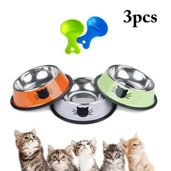 Dorakitten 3Pcs Пет Bowls Неръждаема Стомана Нескользящая на База на Куче, Котка Купа С 2 Лъжички Храна Подарък Pet Feeding Доставки Cat Dog Устройство