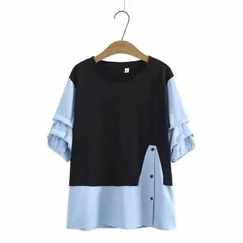 О-образно деколте мозайка puff ръкав дамски блуза 2021 нов плюс размер летни ежедневни дамски пуловери ризи, дамски блузи oversize