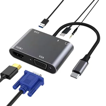 USB C to VGA HDMI Adapter AUX Хъб USB 3.0 OTG Charging Power PD100W Port е Съвместим с MacBook Pro Air/Dell XPS Nintendo Switch