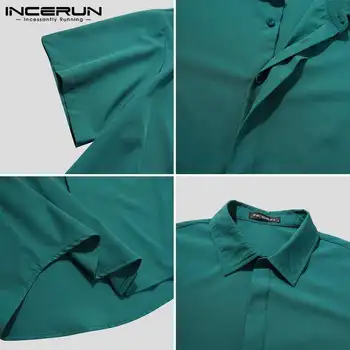 2021 Годишен Мъж Корейски Стил Бутона Ризата INCERUN Мъжете Свободно време Плътен Цвят Ризи Половината от Ръкавите на Ревера Яка Ежедневна Блуза 5XL 7