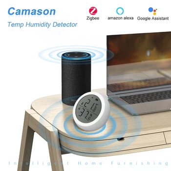 Camason Zigbee Sasha Сензор за Температура и влажност на въздуха Вътрешен Влагомер, Термометър Детектор Работи С Google Assistant или Alexa