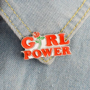 Girl Power Емайл Пин Цвете Роза с Червени букви Икона Феминизъм Бижута Пин за Жени Момиче Подарък