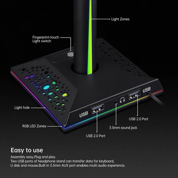 Нов EB01 RGB Поставка за Слушалки Fingerprint Control Gaming Headset Тенис на Скоба на Притежателя на телефона w/3.5 мм AUX 2 USB Порта на Зарядното устройство