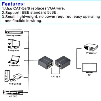 Приемник VGA to RJ45 Продължавам Repeater by Cat5e/6 до 60 МЕТРА VGA UTP за преносими КОМПЮТРИ